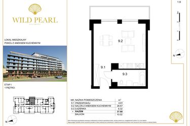 Rzut - Mieszkanie na sprzedaż 2 pokoje o powierzchni 37,8 m² - numer 1.9 w Wild Pearl