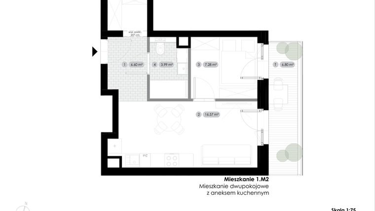 Rzut - Mieszkanie na sprzedaż 2 pokoje o powierzchni 34,44 m² - numer 1.M2 w Stalowa 76