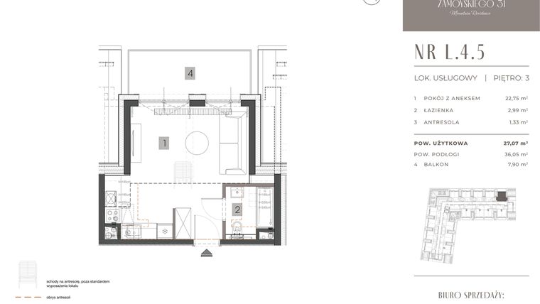 Rzut - Mieszkanie na sprzedaż 1 pokój o powierzchni 27,07 m² - numer L.4.5 w Zamoyskiego 31