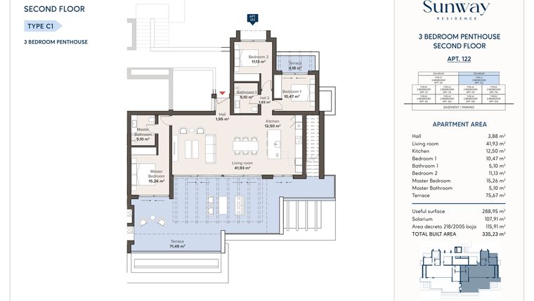Rzut - Mieszkanie na sprzedaż 3 pokoje o powierzchni 288,95 m² - numer 122 w Sunway