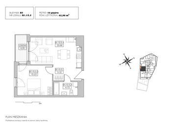 Rzut - Mieszkanie na sprzedaż 2 pokoje o powierzchni 45,96 m² - numer B1.15.5 w Alvarium 2.0