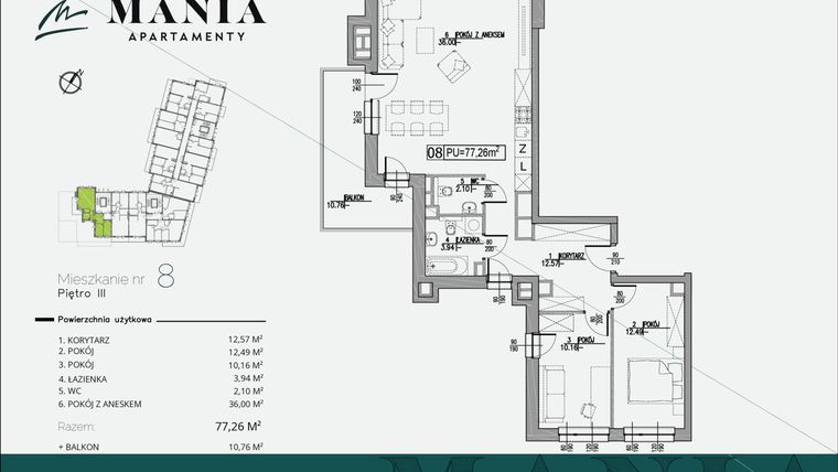 Rzut - Mieszkanie na sprzedaż 3 pokoje o powierzchni 77,26 m² - numer 8 w MANIA Apartamenty