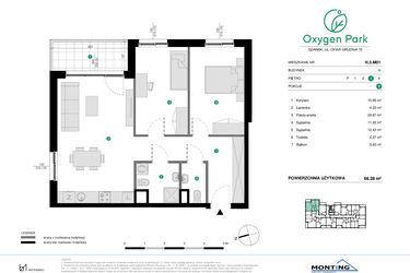 Rzut - Mieszkanie na sprzedaż 3 pokoje o powierzchni 66,28 m² - numer H.3.M01 w Oxygen Park etap III