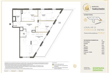Rzut - Mieszkanie na sprzedaż 4 pokoje o powierzchni 98,05 m² - numer 13 w Markowy Targówek