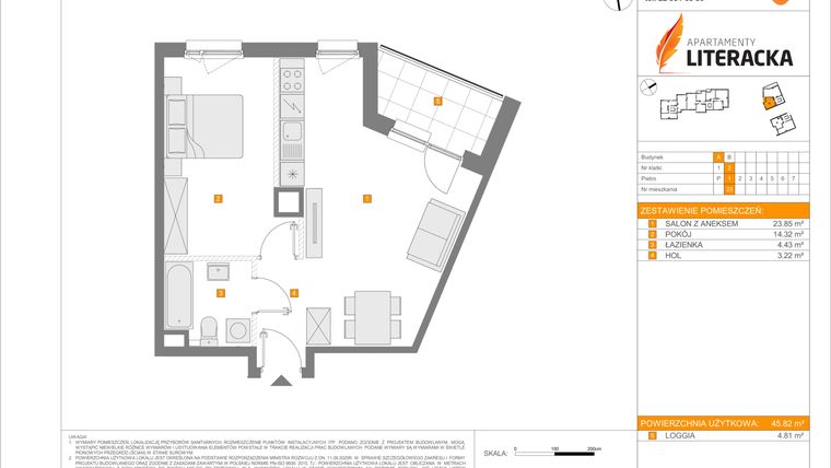 Rzut - Mieszkanie na sprzedaż 2 pokoje o powierzchni 45,82 m² - numer A.23 w Apartamenty Literacka