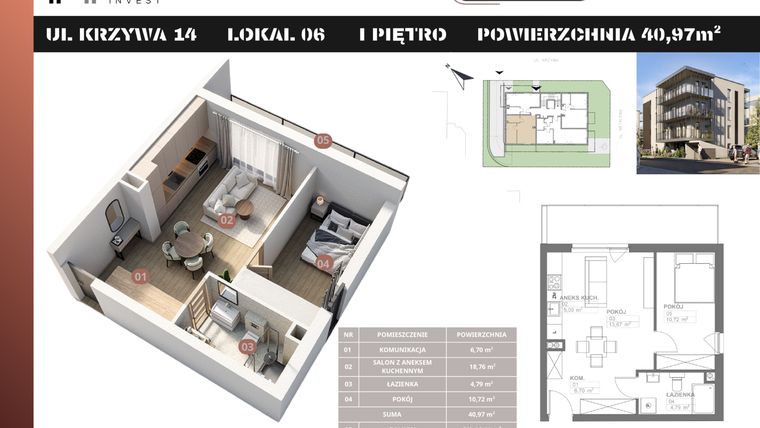 Rzut - Mieszkanie na sprzedaż 2 pokoje o powierzchni 40,97 m² - numer M6 w Stacja Krzywa
