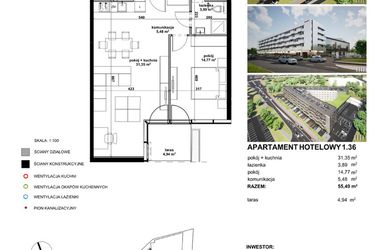 Rzut - Mieszkanie na sprzedaż 2 pokoje o powierzchni 54,17 m² - numer 136 w Apartamentowiec Zwycięska 3 - inwestycyjne