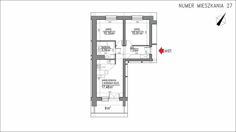 Rzut - Mieszkanie na sprzedaż 3 pokoje o powierzchni 51,36 m² - numer 1m.27 w Osiedle Rytm
