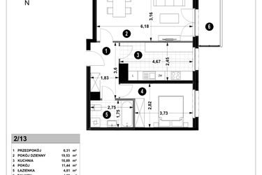 Rzut - Mieszkanie na sprzedaż 2 pokoje o powierzchni 52,98 m² - numer 3A.2/13 w Nowa Winnica