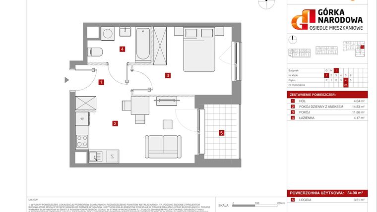 Rzut - Mieszkanie na sprzedaż 2 pokoje o powierzchni 34,9 m² - numer GN_4_1_I_25 w Osiedle Górka Narodowa