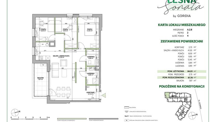 Rzut - Mieszkanie na sprzedaż 4 pokoje o powierzchni 87,81 m² - numer A.2.8 w Leśna Sonata