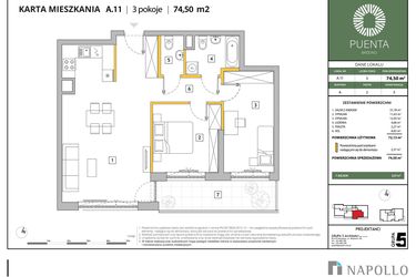 Rzut - Mieszkanie na sprzedaż 3 pokoje o powierzchni 74,42 m² - numer A.11 w Puenta