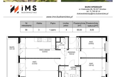 Rzut - Mieszkanie na sprzedaż 4 pokoje o powierzchni 68,86 m² - numer 58 w Krakowskie Tarasy etap V