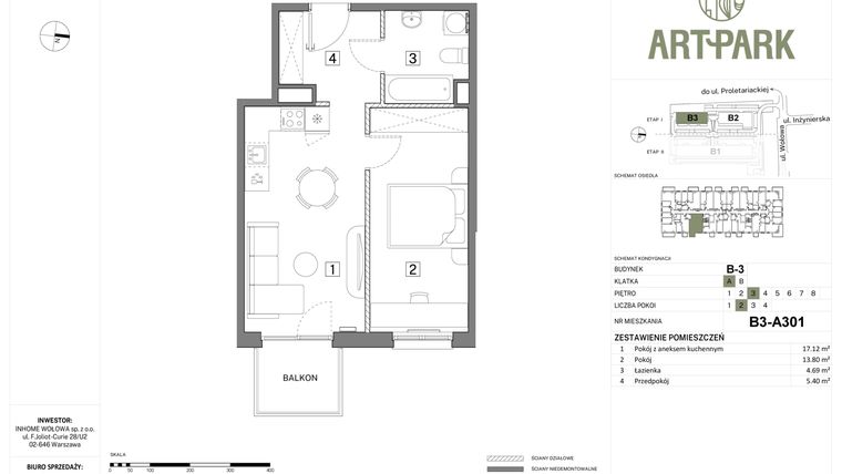 Rzut - Mieszkanie na sprzedaż 2 pokoje o powierzchni 41,01 m² - numer B.3.A301 w Inhome Osiedle ArtPark etap I