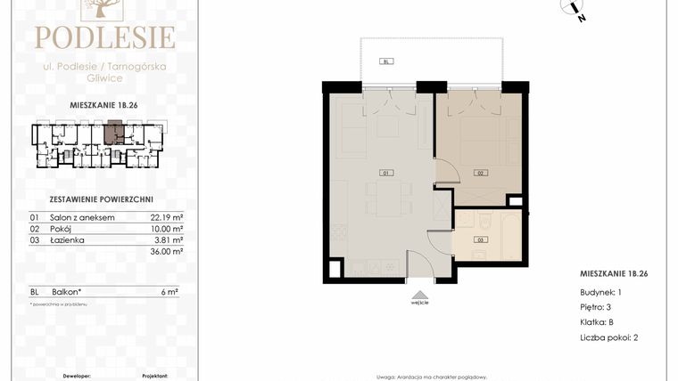 Rzut - Mieszkanie na sprzedaż 2 pokoje o powierzchni 36 m² - numer 1B.26 w Podlesie