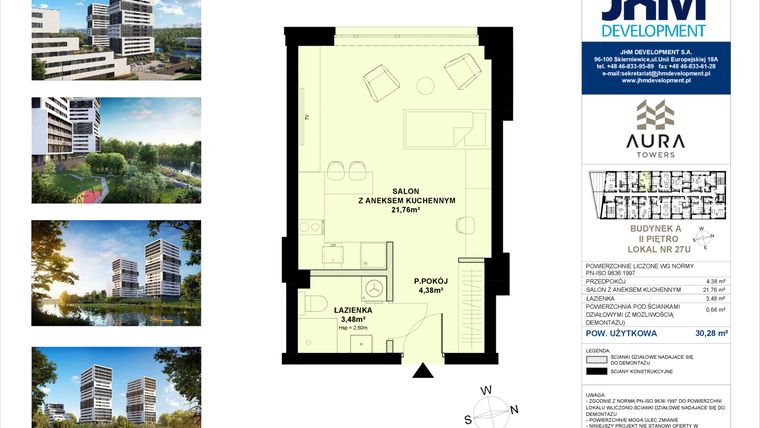 Rzut - Mieszkanie na sprzedaż 1 pokój o powierzchni 30,28 m² - numer A.2.27U w Aura Towers