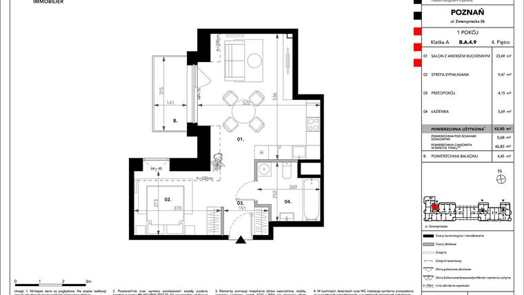 Rzut - Mieszkanie na sprzedaż 1 pokój o powierzchni 42,8 m² - numer B.A.4.9 w Zajezdnia