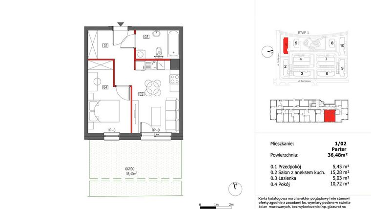 Rzut - Mieszkanie na sprzedaż 2 pokoje o powierzchni 36,48 m² - numer 1/2 w Słoneczny Zakątek