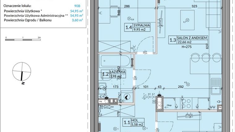 Rzut - Mieszkanie na sprzedaż 3 pokoje o powierzchni 54,95 m² - numer 90B w Osiedle Młodych etap VI