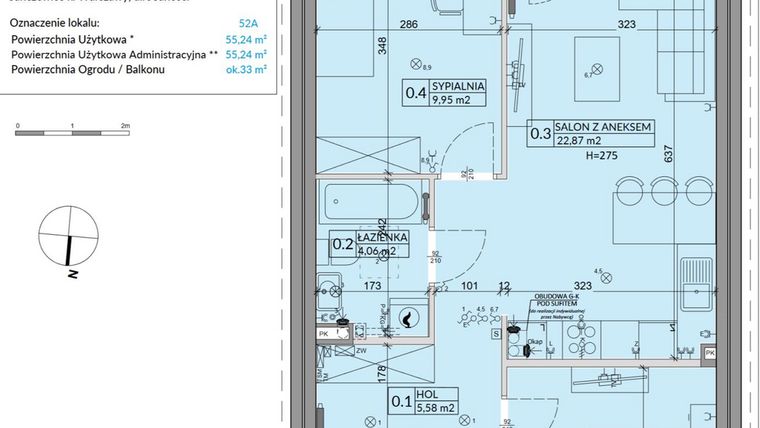 Rzut - Mieszkanie na sprzedaż 3 pokoje o powierzchni 55,24 m² - numer 52A w Osiedle Młodych etap VIII