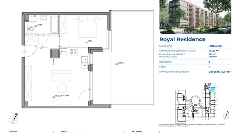 Rzut - Mieszkanie na sprzedaż 2 pokoje o powierzchni 45,22 m² - numer RR/6B/E/0/1 w Royal Residence 6B