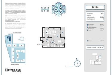 Rzut - Mieszkanie na sprzedaż 2 pokoje o powierzchni 48,56 m² - numer 54 w Piasta Towers bud. 90A