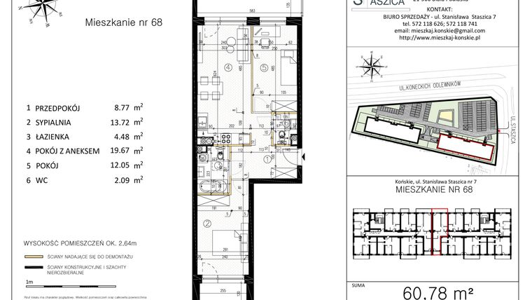 Rzut - Mieszkanie na sprzedaż 3 pokoje o powierzchni 60,78 m² - numer M68 w Staszica