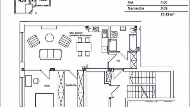 Rzut - Mieszkanie na sprzedaż 2 pokoje o powierzchni 73,12 m² - numer M.0.C w Konopnickiej 12