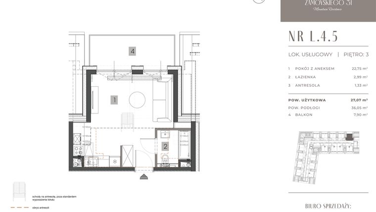 Rzut - Mieszkanie na sprzedaż 1 pokój o powierzchni 27,07 m² - numer L.4.5 w Zamoyskiego 31