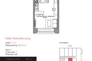 Rzut - Mieszkanie na sprzedaż 1 pokój o powierzchni 26,04 m² - numer C 1.7 w Melody Loft