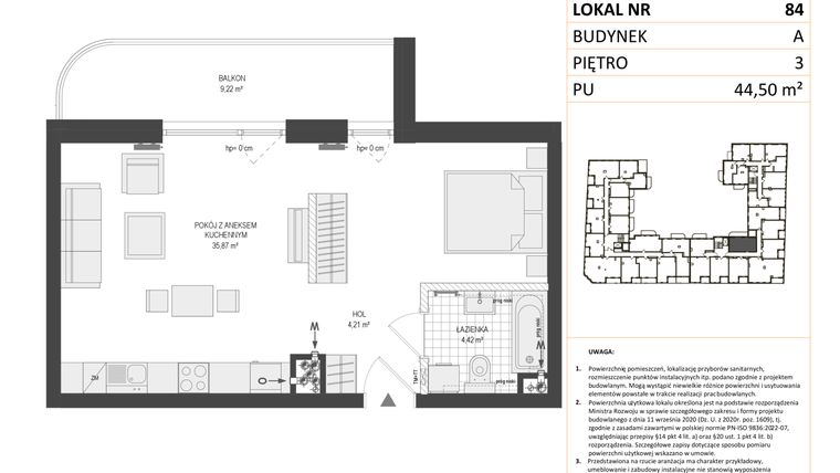 Rzut - Mieszkanie na sprzedaż 1 pokój o powierzchni 44,47 m² - numer A.84 w Esencja