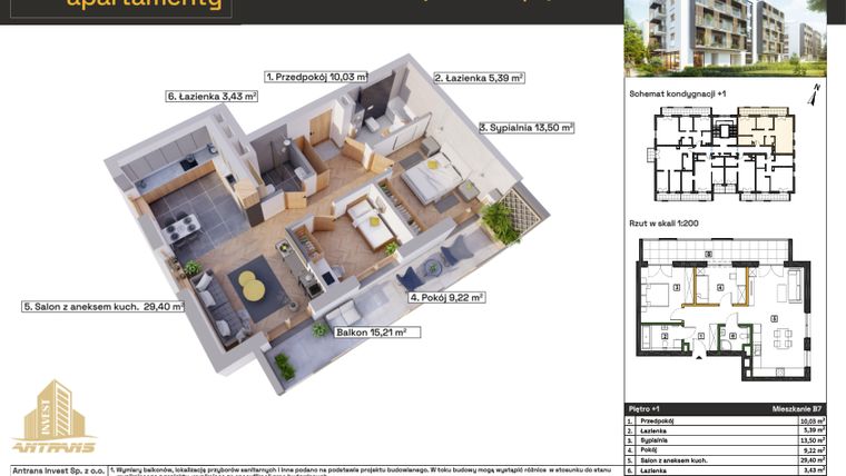 Rzut - Mieszkanie na sprzedaż 3 pokoje o powierzchni 72,63 m² - numer B7 w Osiedle Wełnowe Apartamenty