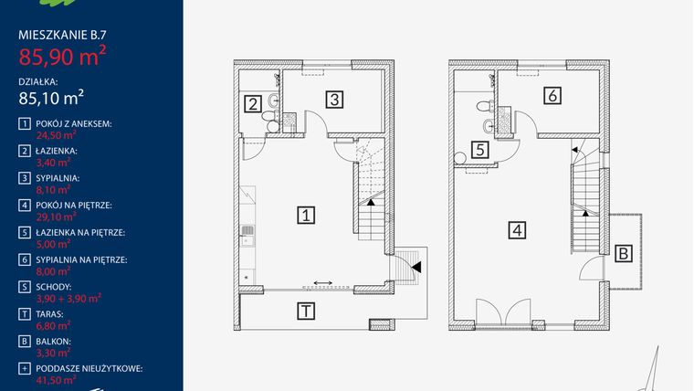 Rzut - Mieszkanie na sprzedaż 4 pokoje o powierzchni 85,9 m² - numer B7 w Dębinowa Oaza