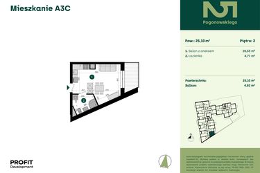 Rzut - Mieszkanie na sprzedaż 1 pokój o powierzchni 25,1 m² - numer POGO2/A/3C w Pogonowskiego 52