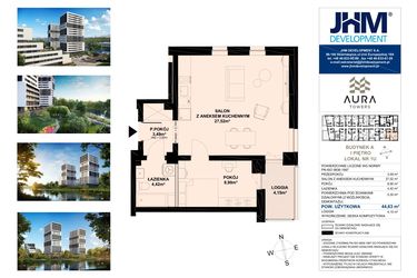 Rzut - Mieszkanie na sprzedaż 2 pokoje o powierzchni 44,63 m² - numer A.1.1U w Aura Towers