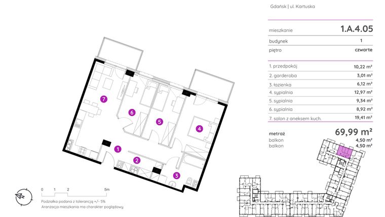 Rzut - Mieszkanie na sprzedaż 4 pokoje o powierzchni 69,99 m² - numer 1.A.4.05 w Murapol Scarpa