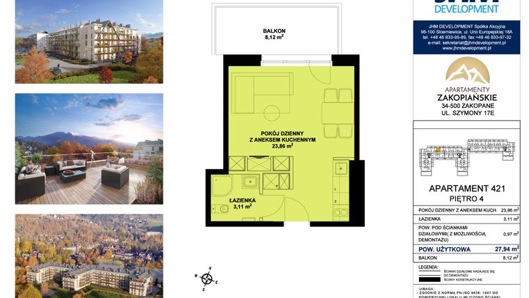 Rzut - Mieszkanie na sprzedaż 1 pokój o powierzchni 27,94 m² - numer 421 w Apartamenty Zakopiańskie