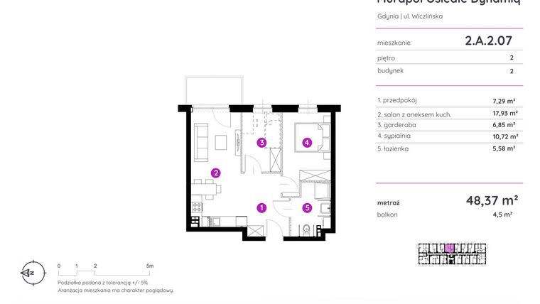 Rzut - Mieszkanie na sprzedaż 2 pokoje o powierzchni 48,37 m² - numer 2.A.2.07 w Murapol Osiedle Dynamiq