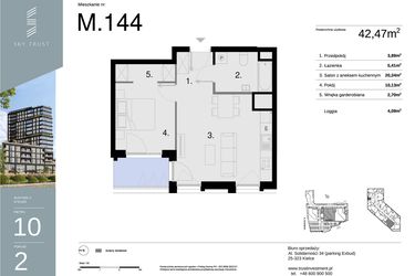 Rzut - Mieszkanie na sprzedaż 2 pokoje o powierzchni 42,47 m² - numer M144 w Sky Trust etap II