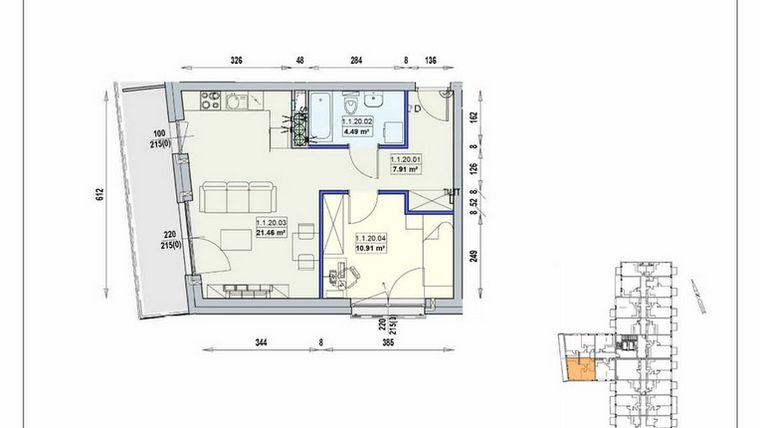 Rzut - Mieszkanie na sprzedaż 2 pokoje o powierzchni 44,77 m² - numer 1/1/20/2a w Gwarna