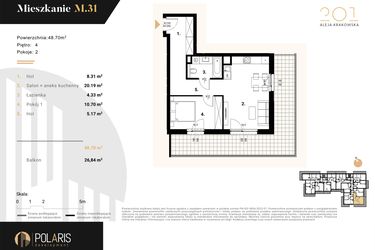 Rzut - Mieszkanie na sprzedaż 2 pokoje o powierzchni 48,7 m² - numer M31 w Aleja Krakowska 201