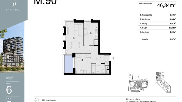 Rzut - Mieszkanie na sprzedaż 2 pokoje o powierzchni 46,34 m² - numer M90 w Sky Trust etap II