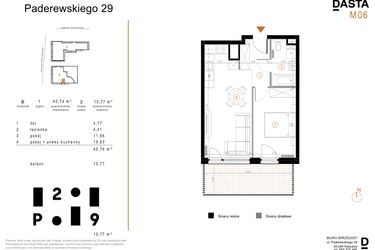 Rzut - Mieszkanie na sprzedaż 2 pokoje o powierzchni 40,74 m² - numer B6 w Paderewskiego 29