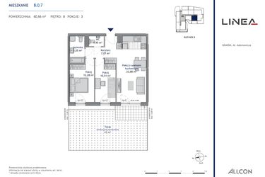 Rzut - Mieszkanie na sprzedaż 3 pokoje o powierzchni 60,66 m² - numer B.0.7 w Linea