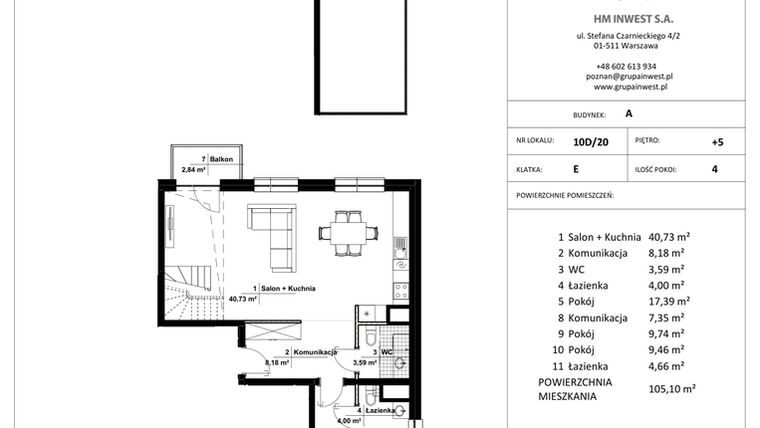 Rzut - Mieszkanie na sprzedaż 4 pokoje o powierzchni 105,1 m² - numer 10D/20 w Jasielska 8C etap II