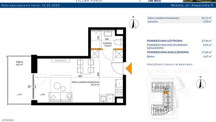 Rzut - Mieszkanie na sprzedaż 1 pokój o powierzchni 27,69 m² - numer 3.01 w The Blue