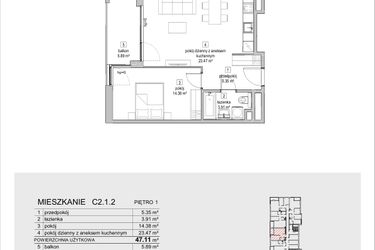Rzut - Mieszkanie na sprzedaż 2 pokoje o powierzchni 47,11 m² - numer C2.1.2 w ATAL Symbioza IB