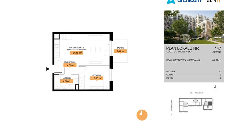 Rzut - Mieszkanie na sprzedaż 2 pokoje o powierzchni 44,27 m² - numer 3D.147 w Zenit III