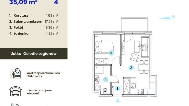 Rzut - Mieszkanie na sprzedaż 2 pokoje o powierzchni 35,09 m² - numer 4.2 w Ustka Flow