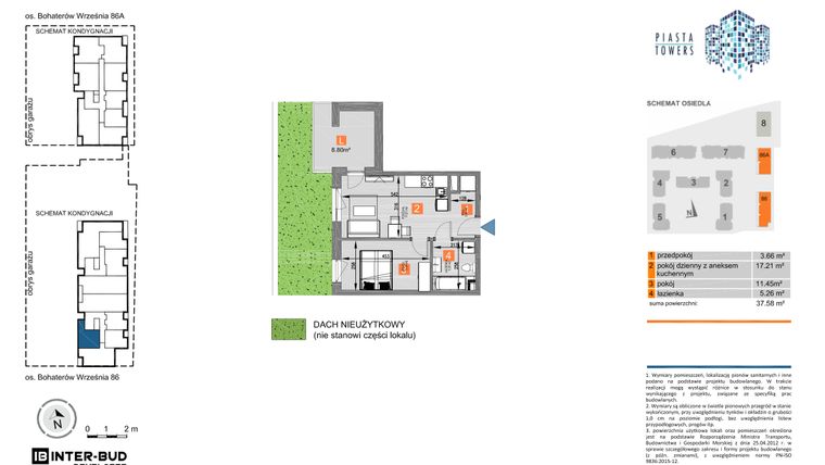 Rzut - Mieszkanie na sprzedaż 2 pokoje o powierzchni 37,58 m² - numer 86.1 w Piasta Towers bud. 86 i 86A